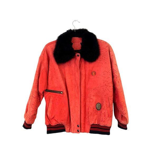 Guy Laroche Vintage Red Suede Bomber Jacket Black Fur Collar Embroidered Logos - Picture 12 of 12